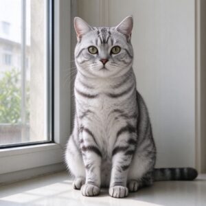 银虎斑美国短毛猫端正坐着看镜头的猫咪图片