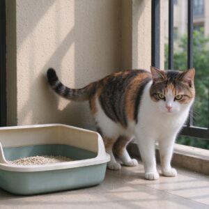 猫绕开猫砂盆站在阳台角落低头张望的猫咪图片