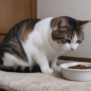猫安静蹲在软垫上低头留意食盆的猫咪图片