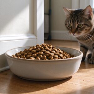 一碗装满干猫粮的陶瓷碗旁虎斑猫观望的猫咪图片