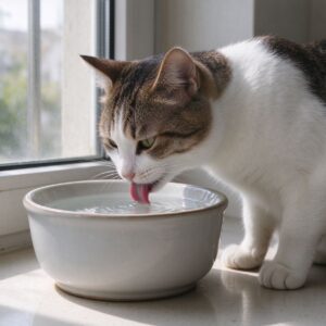 猫凑在陶瓷水碗前低头舔水的猫咪图片