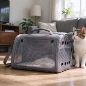 透气网面便携猫包放在地板上猫张望的猫咪用品图片