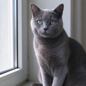 灰蓝色短毛绿眼睛俄罗斯蓝猫端坐的猫咪图片