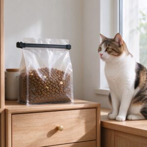 密封夹夹紧的猫粮放储物柜旁猫蹲坐观望的猫咪喂养图片