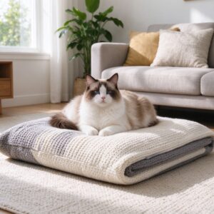 猫趴在可机洗针织毛毯软垫上的猫咪用品图片