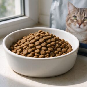 一碗干猫粮旁放包装袋的猫咪喂养图片