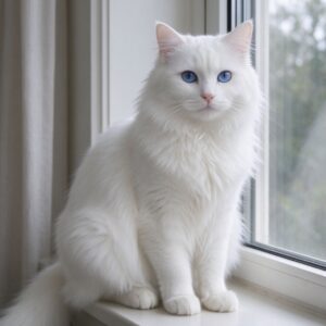 纯白长毛蓝眼睛猫端坐窗边的猫咪品种图片
