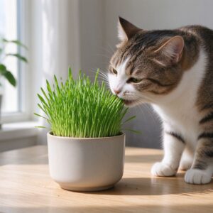 一盆翠绿猫草小麦草猫低头啃草的猫咪图片