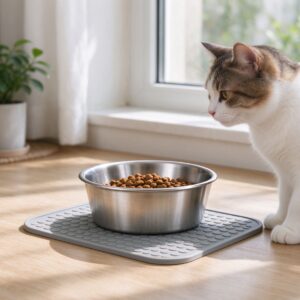 浅口不锈钢防打翻食碗放防滑垫旁猫的猫咪用品图片