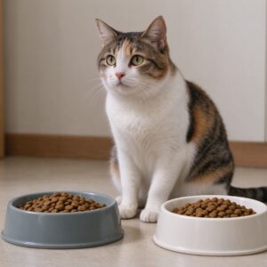 猫面对两碗猫粮坐地上犹豫张望的猫咪喂养图片
