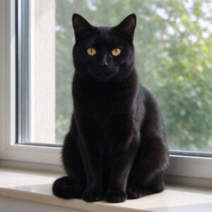 纯黑短毛猫金黄眼睛端坐窗边的猫咪品种图片