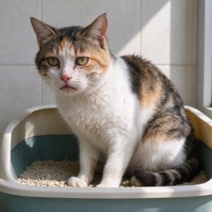 猫蹲猫砂盆停留很久神态不安的猫咪健康图片