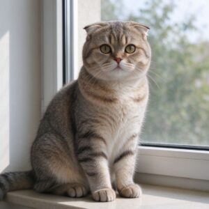 耳朵向前弯折的苏格兰折耳猫端坐窗边的猫咪图片