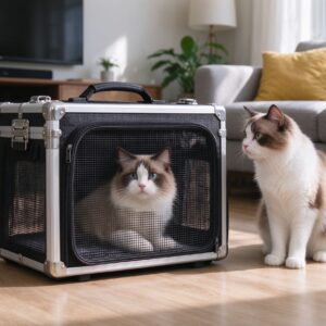 透气网格航空箱放客厅旁猫靠近张望的猫咪用品图片