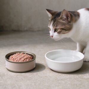 一小碗湿粮罐头和一碗清水并排旁猫的猫咪喂养图片