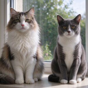 长毛猫和短毛猫并排端坐对比的猫咪品种图片