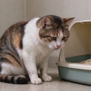 猫蹲砂盆旁神态不安低头查看的猫咪健康图片