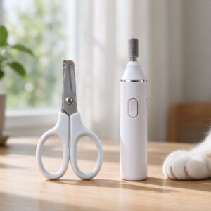 猫指甲剪和电动磨甲器并排桌面旁猫爪的猫咪用品图片