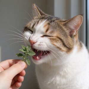猫凑着猫薄荷开心蹭闻眯眼的猫咪图片