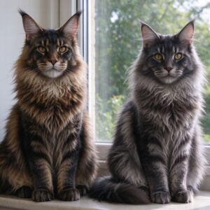 缅因和挪威森林两只大体长毛猫并排端坐对比的猫咪品种图片