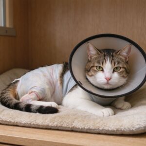 绝育猫戴软质伊丽莎白圈趴软垫休息的猫咪健康图片