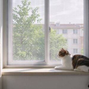 窗户装细密防护网猫趴窗台看外面的猫咪家居图片