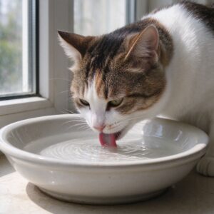 猫低头舔陶瓷水盆边缘喝水的猫咪喂养图片