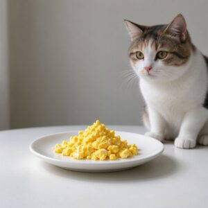 一小碟煮熟蛋黄碎白瓷碟旁猫蹲坐观望的猫咪喂养图片