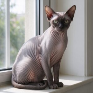 皮肤褶皱无毛斯芬克斯猫端坐窗边的猫咪品种图片