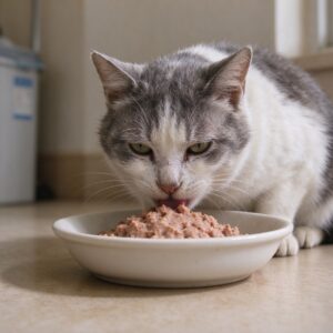老年灰白猫缓慢吃碗里软食的猫咪喂养图片