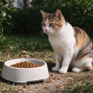 一个定量干粮碗旁猫蹲坐观望的猫咪喂养图片