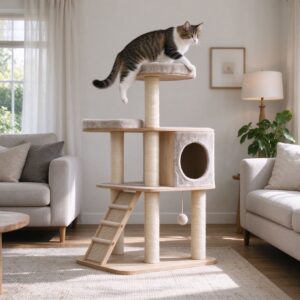 多层猫爬架放客厅上面有猫正在爬的猫咪用品图片