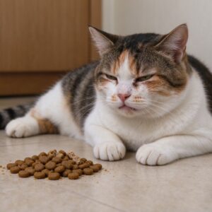 猫趴地面旁边一小堆未消化猫粮神态不适的猫咪健康图片