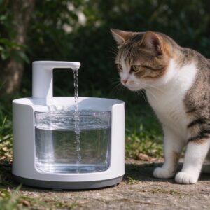 循环活水猫饮水机放地面旁边猫凑近看的猫咪用品图片