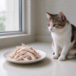 一小盘水煮鸡胸肉丝旁猫蹲坐观望的猫咪喂养图片