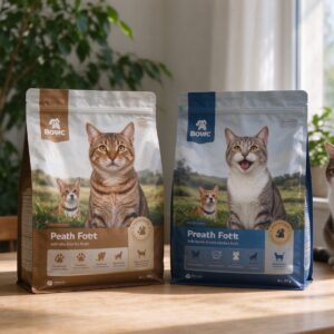 两袋不同猫粮包装并排桌面旁猫的猫咪喂养图片