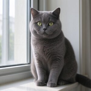 圆脸英短蓝灰色短毛猫端坐窗边的猫咪品种图片