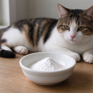 白色小陶瓷碗装白色粉末旁猫趴桌面的猫咪健康图片