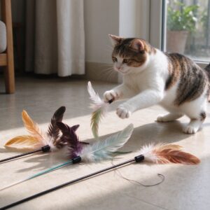 几根羽毛逗猫棒散放地面旁猫正扑向羽毛的猫咪用品图片