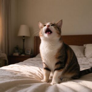 猫蹲床边抬头叫卧室暖光氛围的猫咪行为图片