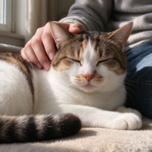 猫安静趴软垫被人轻轻抚摸神态放松的猫咪健康图片