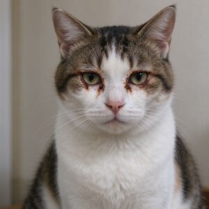 猫眼角有褐色泪痕和眼屎安静端坐的猫咪健康图片