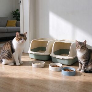 两只猫在客厅旁边摆两个猫砂盆两个食碗的猫咪家居图片