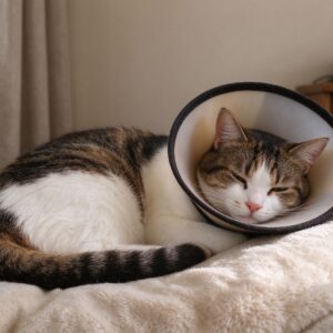猫戴软质伊丽莎白圈趴软垫休息的猫咪健康图片