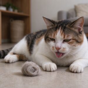 猫趴在地面刚吐出一团毛球神态疲惫的猫咪健康图片
