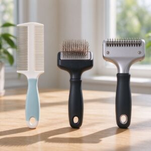 排梳针梳脱毛梳并排桌面的猫咪用品图片