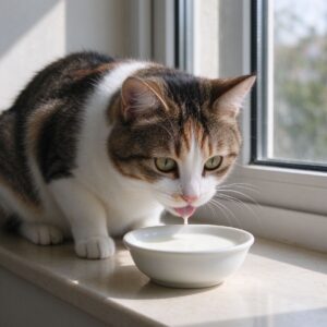 猫凑着一小碗牛奶好奇张望不敢舔的猫咪喂养图片