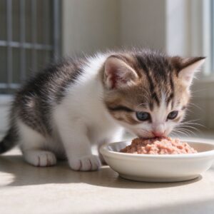 小奶猫低头吃小碗软食奶糕的猫咪喂养图片