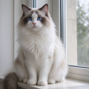 蓝眼睛布偶长毛猫端坐窗边毛发蓬松的猫咪品种图片