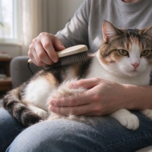 猫趴人腿上梳毛手上沾大把浮毛的猫咪健康图片